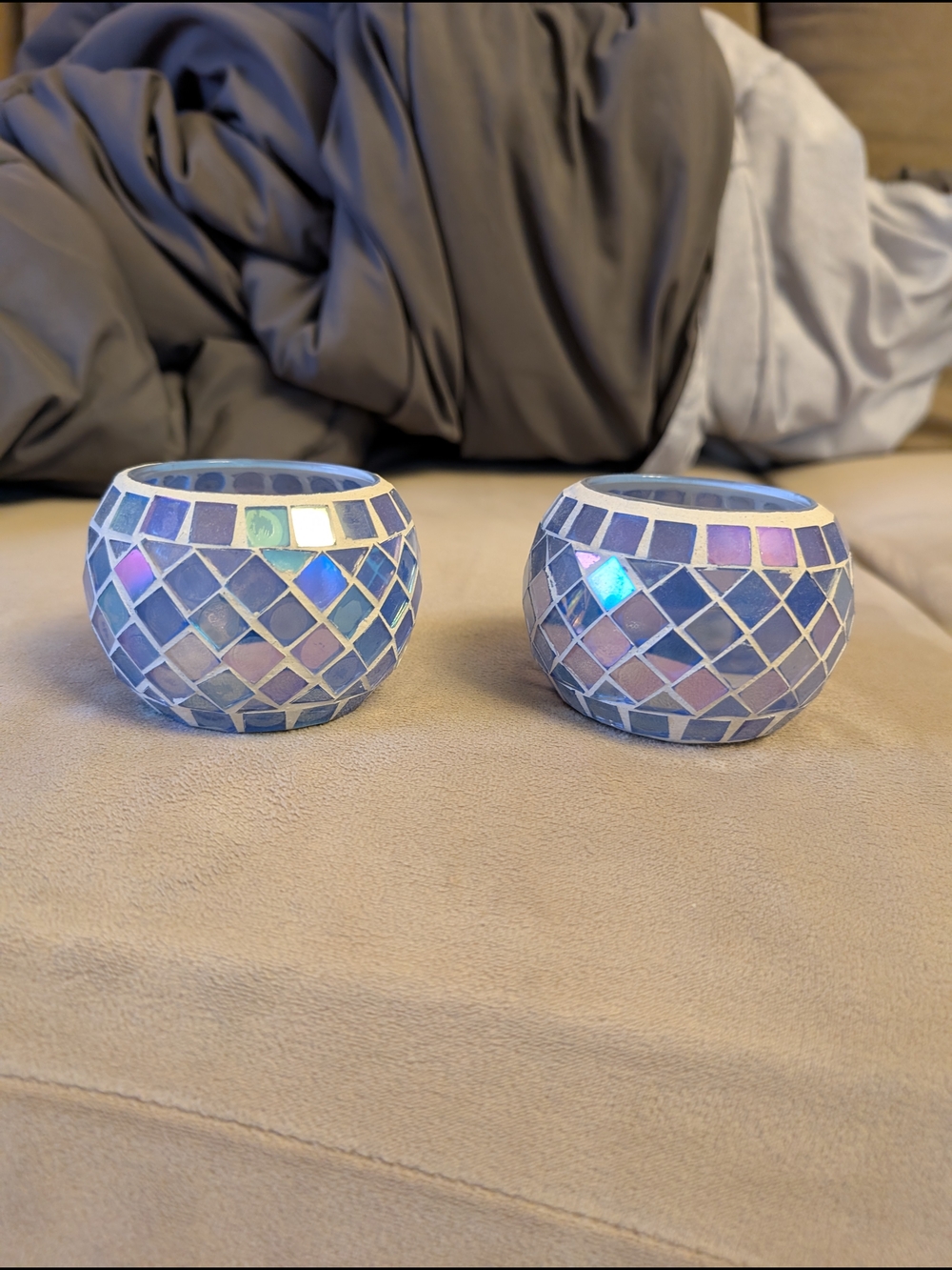 Iridescent Blue Mosaic Glass Votive Candle Holders - Set of 2